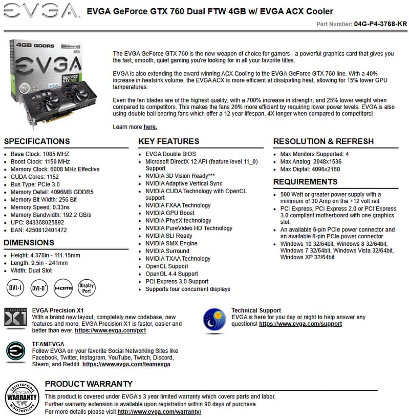 EVGA GeForce GTX 760 4GB w/ EVGA ACX Cooler 1