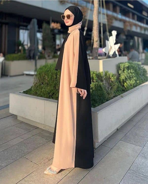 Stylish Black & beige Georgette Classic Abaya with Stroller- 1pc 0