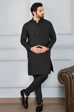 Men's 2 Pcs Black Kurta Pajama Set - Stylish Plain Black Wash And Wear