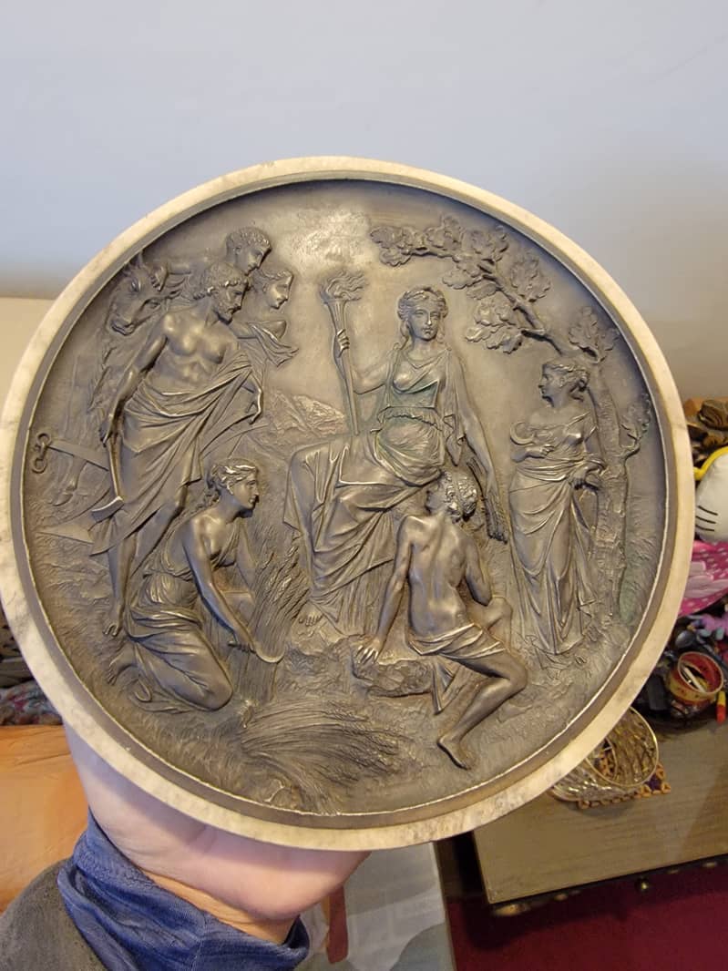 NEOCLASSICAL SCENE BRONZE PLAQUE SET IN MARBLE BASE 4