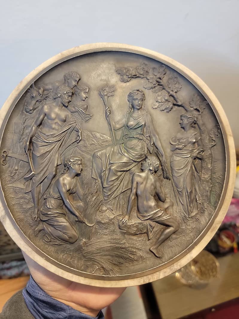 NEOCLASSICAL SCENE BRONZE PLAQUE SET IN MARBLE BASE 7