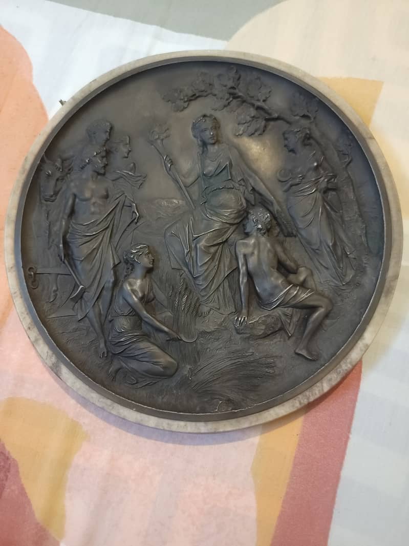 NEOCLASSICAL SCENE BRONZE PLAQUE SET IN MARBLE BASE 8