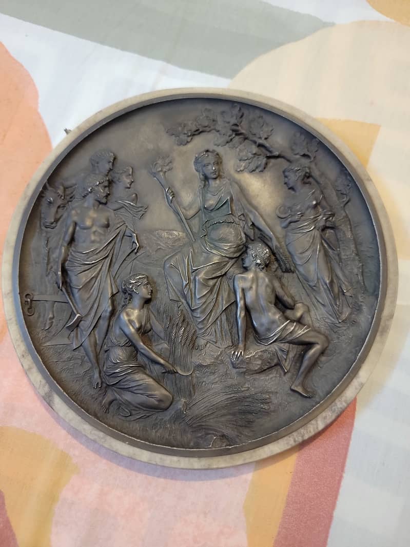 NEOCLASSICAL SCENE BRONZE PLAQUE SET IN MARBLE BASE 9