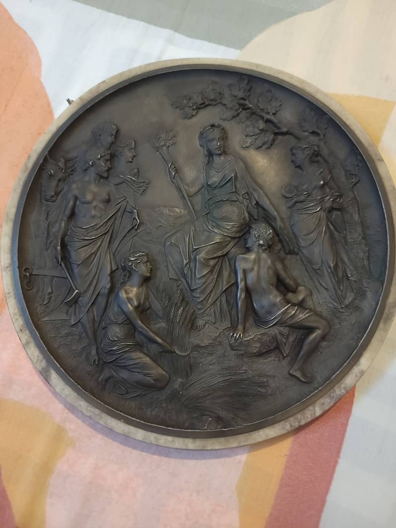 NEOCLASSICAL SCENE BRONZE PLAQUE SET IN MARBLE BASE 11