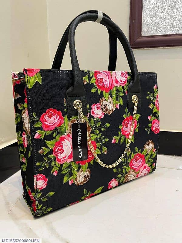 Stylish Women's Printed Canvas Tote Bag in Black, Grey and Beige. 6