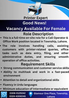 female Vacancy for phone operator in a office