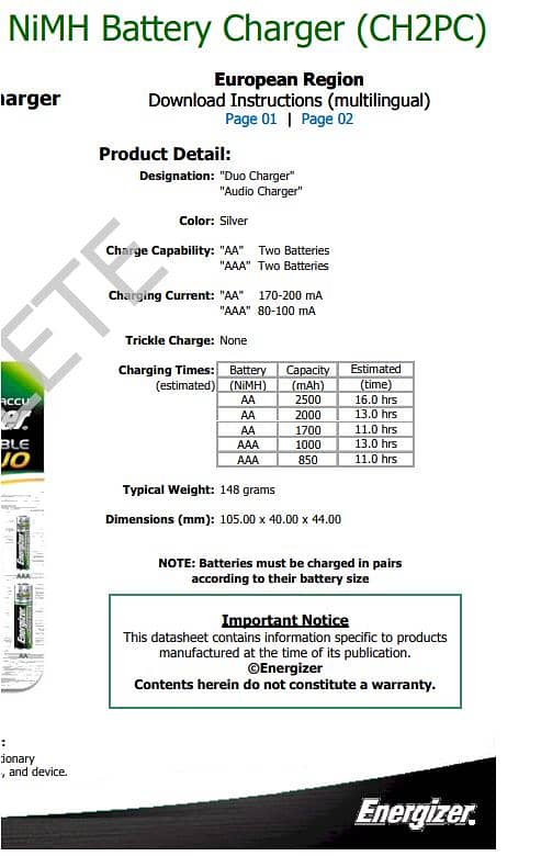 Energizer Battery Charger NiMH Duo CH2PC-EU 6