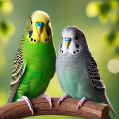 Green male and grey female budgie parrot pair