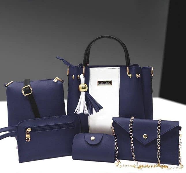 Stylish Woman's PU Leather Hand Bag Set-5 Pcs In Blue 0