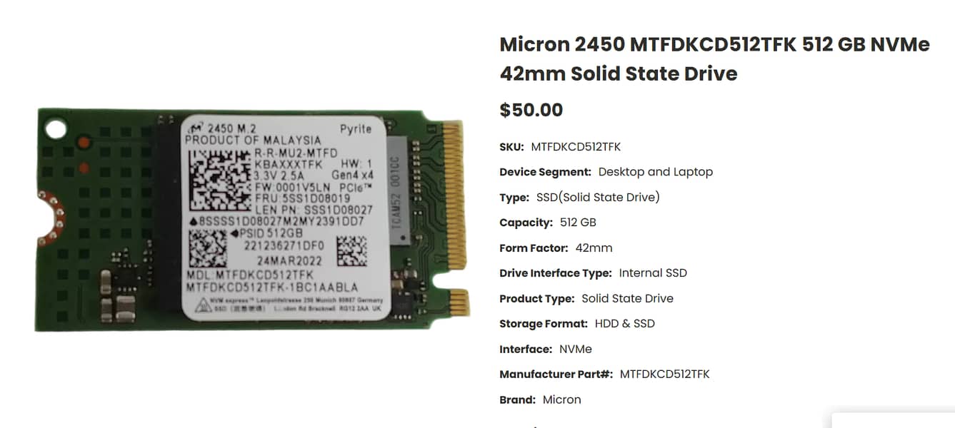 Micron 2450 512GB NVME MTFDKCD512TFK 0