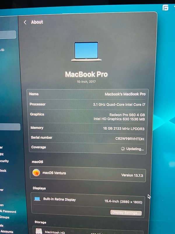 Apple MacBook Pro 2017 Core-i7 16/500GBSSD Radeon Pro 4GB Graphic card 16