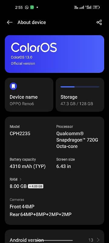 oppo reno6 8+4.128 box sat ha  bas friend camra ka isu ha exchange ho 0