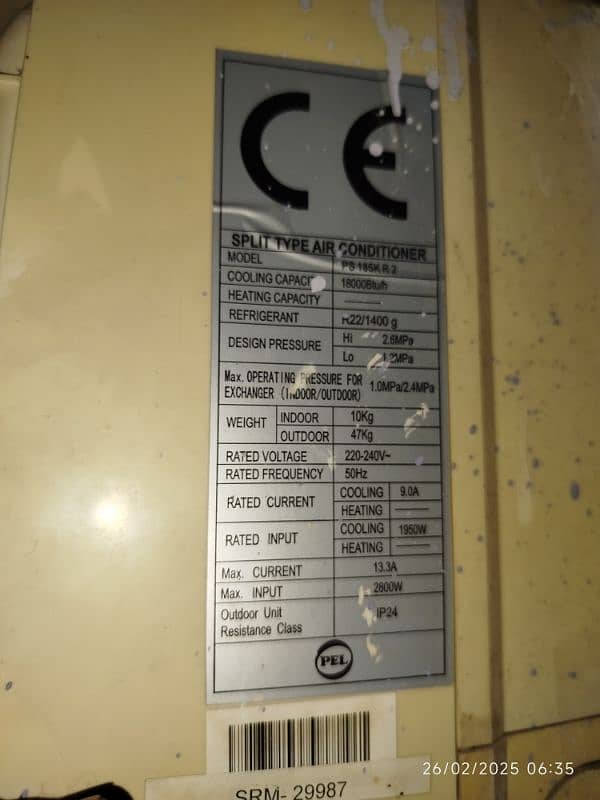 pel 1.5 ton split ac model PS 18K R2 1