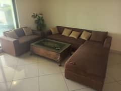 Brown L Shaped Sofa Set With Black And Grey Covers