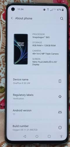 1+ 8 5G official aproved sngle sim 8/128 gb back frnt shet lgi h 10/10