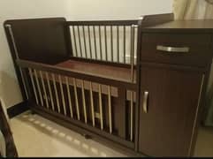 Large Wooden Baby Cot With Side Cupboard Iron Bars