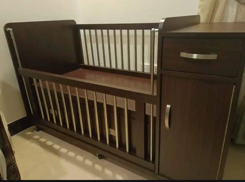 Large Wooden Baby Crib With Side Cupboard Iron Bars 0