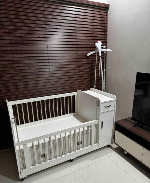 Large Wooden Baby Crib With Side Cupboard Iron Bars 1