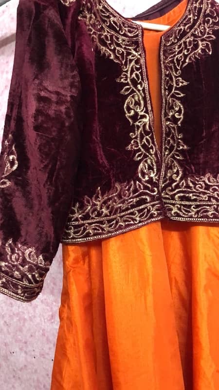 Elegant Long Orange Gown with Maroon Coti 0