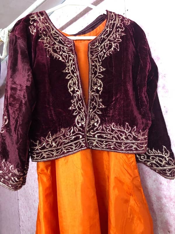 Elegant Long Orange Gown with Maroon Coti 1