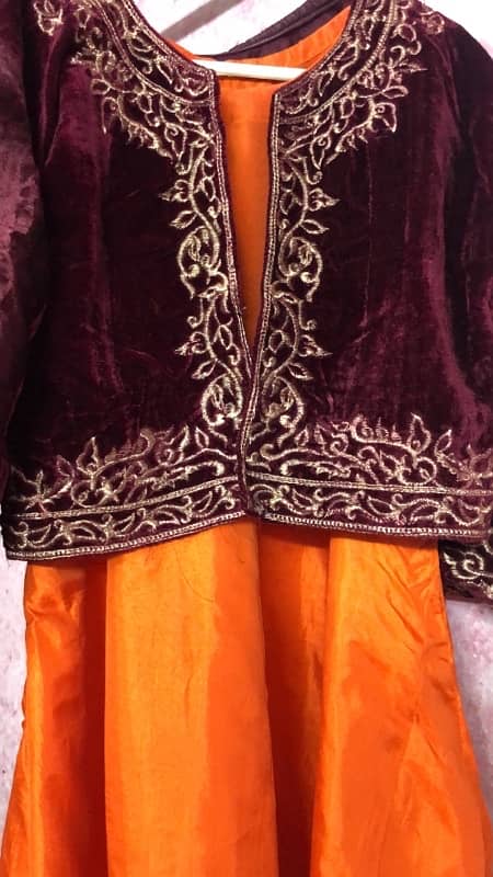 Elegant Long Orange Gown with Maroon Coti 2