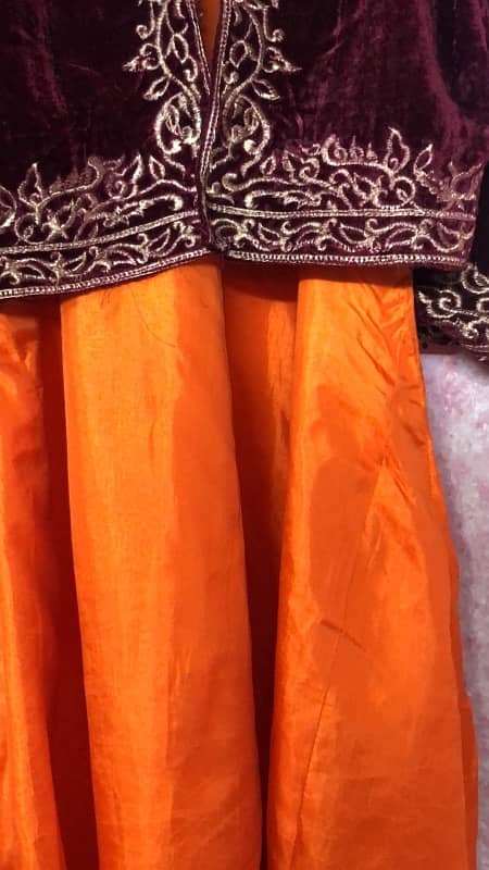 Elegant Long Orange Gown with Maroon Coti 3