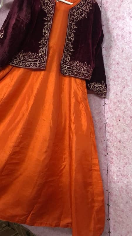 Elegant Long Orange Gown with Maroon Coti 4