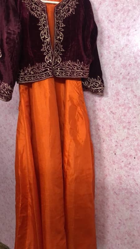 Elegant Long Orange Gown with Maroon Coti 6