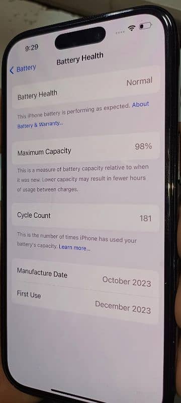 IPHONE 15 PTA APROVED 128 GB 98 BATTERY HEALTH 181 CYCLE PHYSICAL SIM 4