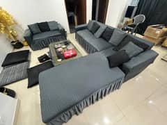 L Shaped Sofa Set With Table, Two Floor Cushions and Two Stools