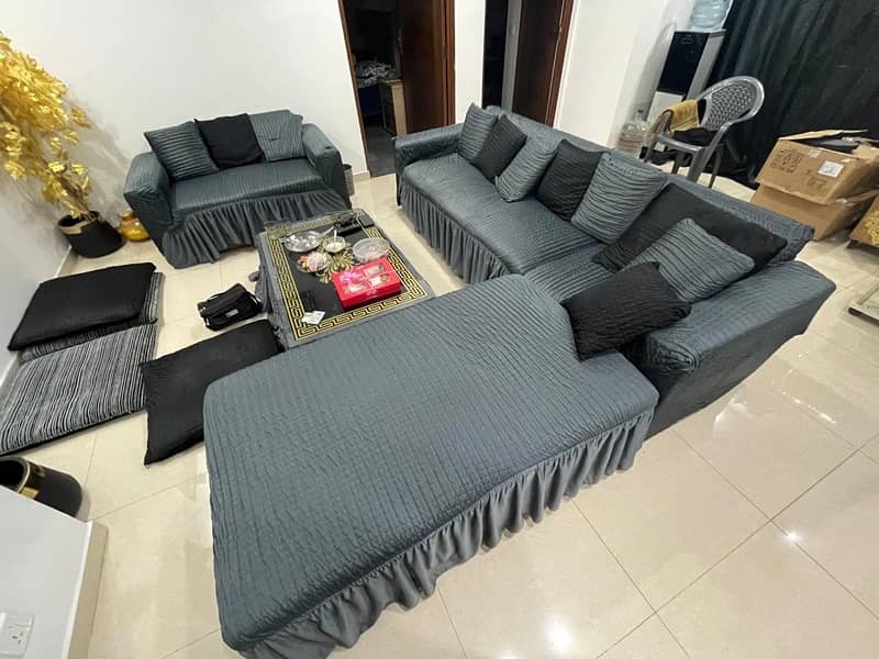 L Shaped Sofa Set With Table, Two Floor Cushions and Two Stools 0