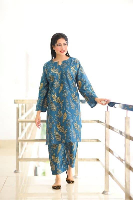 2Pcs women's stitched Linen Printed Embroidered shirt And trouser. 8