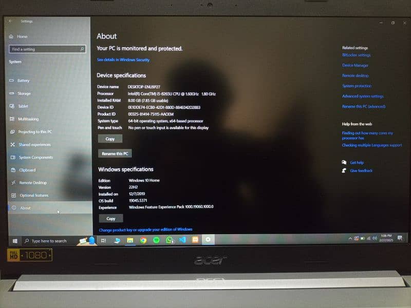 Acer i5 8th Gen, 8 Gb Ram, 256 Gb SSD 4 Gb shared Graphics 0