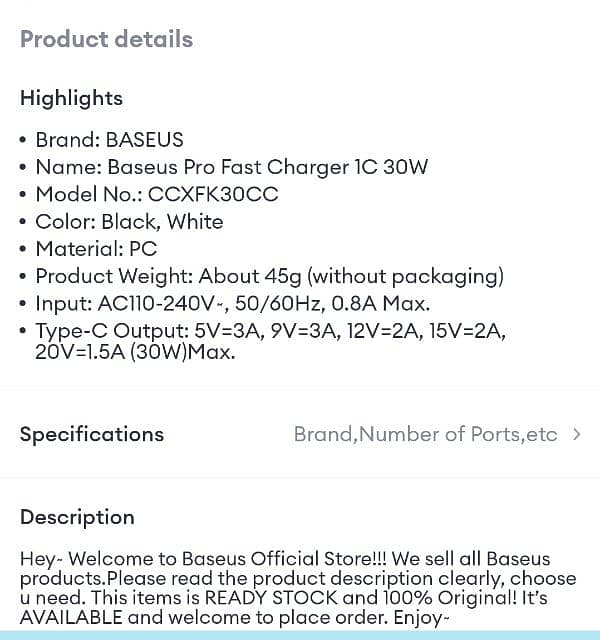 Baseus 30w Fast charger pd for sale 9