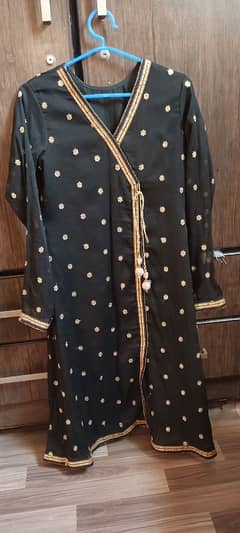 black angrkha long frock with banarsi churidaar pajama , net dupatta