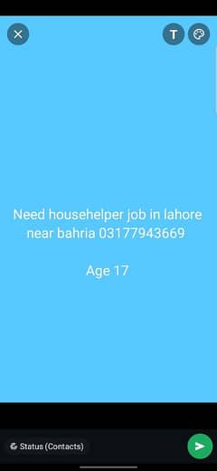 mujha aj hi househelper ki job ki zarorat hn 0317 7943669