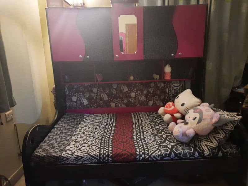 pink and black kids bed set with wardrobe for sale 0