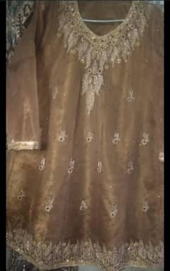 GOLDEN BROWN ORGANZA KAM WALA FROCK DUPATTA &PLAZO