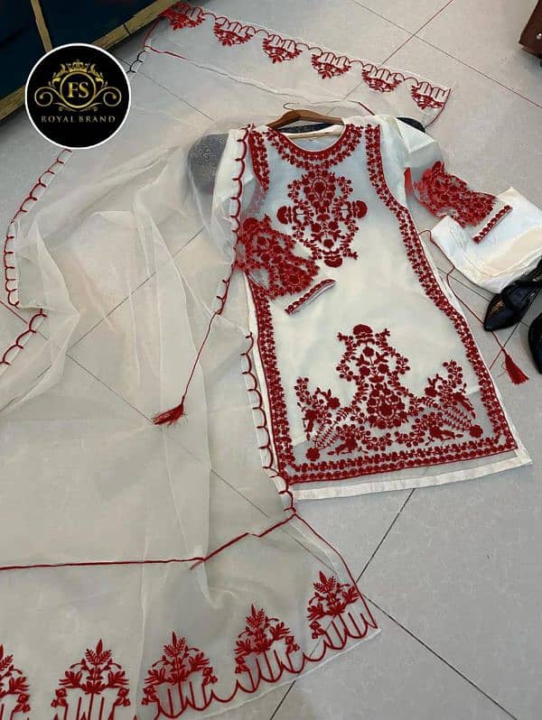 3 pcs women's stitched organza embroidered suit 1