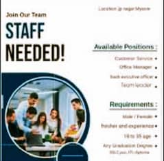 Urgently Staff Required for Male and Female