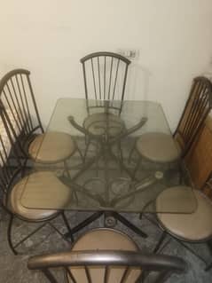 Durable 6-Seater Metal Dining Table with Glass Top – Good Condition