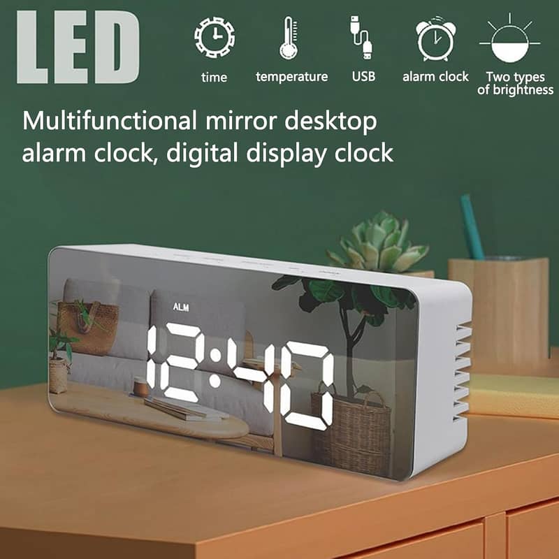 Digital Mirror Alarm Clock LED Electronic Desktop Clock+Temperature 0