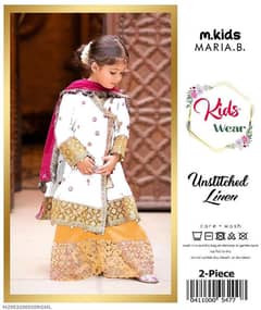 2Pcs Girl's Linen Embroidered Unstitched Suit Kids