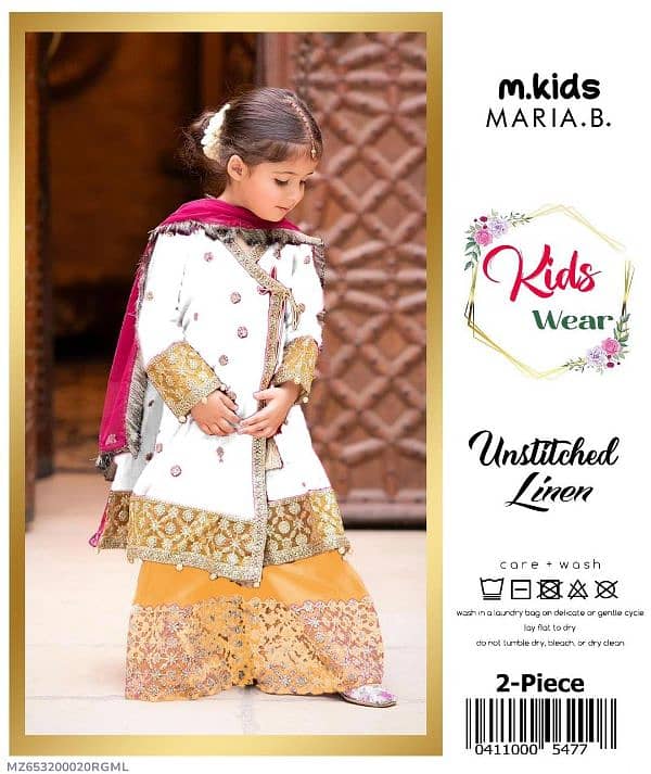 2Pcs Girl's Linen Embroidered Unstitched Suit Kids 0