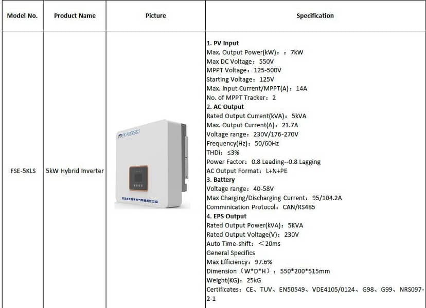 FFtech FSE-5KLS Hybrid Inverter 5Kw and ESS100-5L 5Kw Battery 0