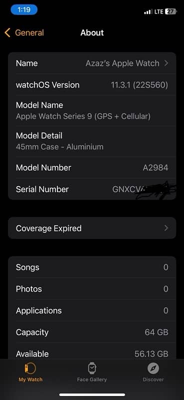 Apple watch series 9 GPS +LTE 45MM BH/100% 1