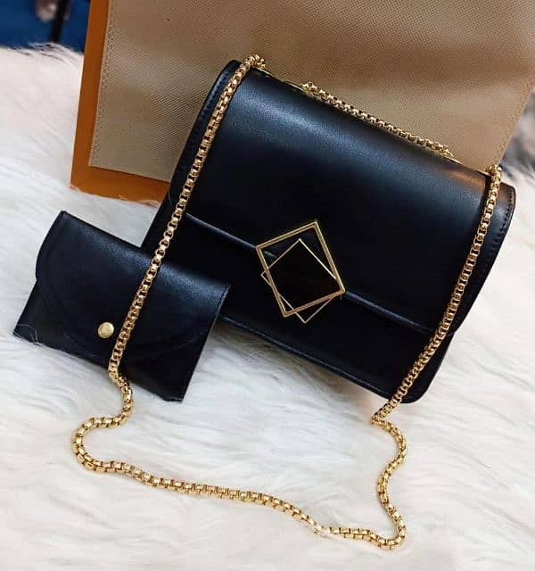 2 Pcs PU Leather Hand Bag With Long Golden Chain For Girls 1