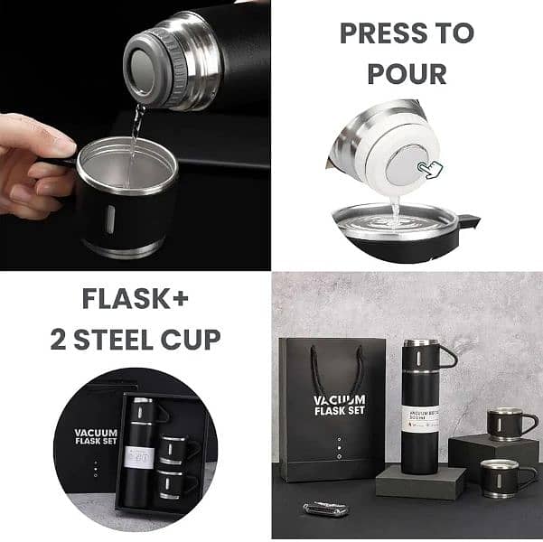 500ml Stainless Steel Vacuum Flask Set with 3 Steel Cups – Double 6