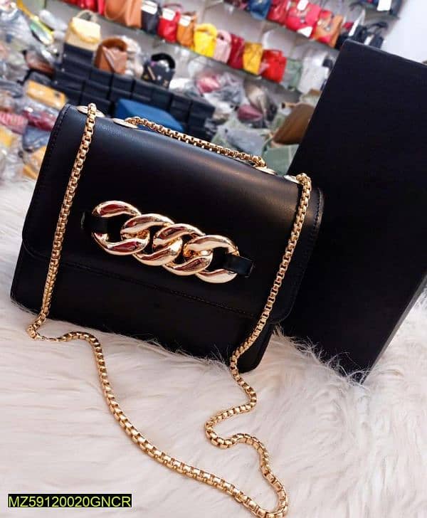 PU leather plain Hand Bag with long chain Strap 1