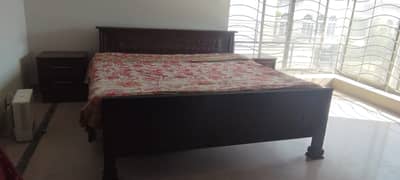 Wooden bed set with storage drawer and side table